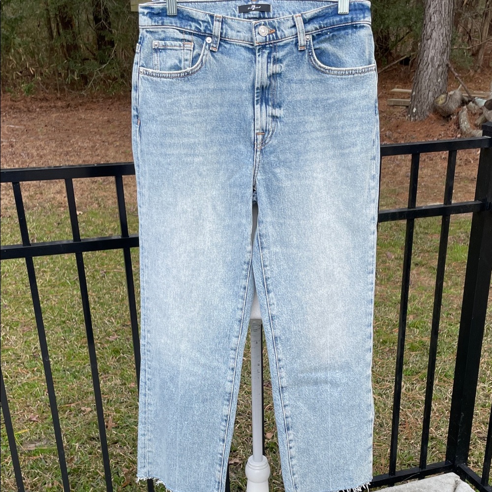 7 For All Mankind Light Blue Denim  with Frayed Raw Hem - Picture 7 of 9